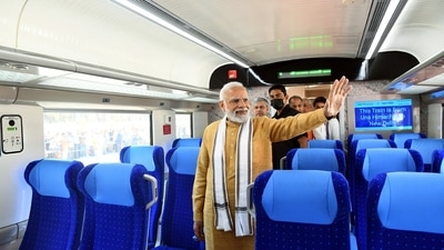 Prime minister Narendra Modi inside the newly inaugurated Vande Bharat Express in Una. (ANI/PIB) Prime minister Narendra Modi inside the newly inaugurated Vande Bharat Express in Una. (ANI/PIB)