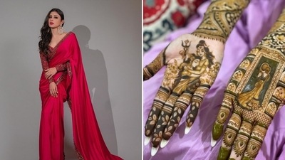 Mouni Roy is celebrating her first Karwa Chauth after her marriage. She recently flooded her Instagram feed with a series of images featuring her and her beautiful henna hand art. “Firsts are always special… Happy Karwa Chauth beauties,” the Brahmastra actor captioned her post. (Instagram/Mouni Roy) Mouni Roy is celebrating her first Karwa Chauth after her marriage. She recently flooded her Instagram feed with a series of images featuring her and her beautiful henna hand art. “Firsts are always special… Happy Karwa Chauth beauties,” the Brahmastra actor captioned her post. (Instagram/Mouni Roy)