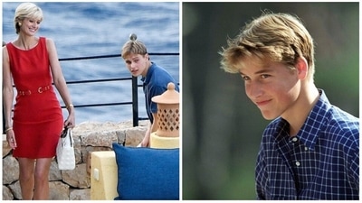 Left- Elizabeth Debicki and Rufus Kampa as Princess Diana and Prince William on The Crown sets. Right- A picture of a teen Prince William. Left- Elizabeth Debicki and Rufus Kampa as Princess Diana and Prince William on The Crown sets. Right- A picture of a teen Prince William.