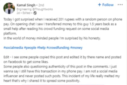 Kamal Singh shared this post on LinkedIn. (-LinkedIn/@KamalSingh)