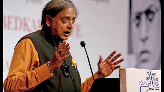 Congress leader Shashi Tharoor addresses during the book launch on the biography of Dr. B.R Ambedkar, at Teen Murti Bhavan in New Delhi on Thursday. (ANI Photo)