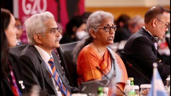 Union Finance Minister Nirmala Sitharaman during G20 finance ministers and central bank governors meeting in Washington on Thursday. (PTI) Union Finance Minister Nirmala Sitharaman during G20 finance ministers and central bank governors meeting in Washington on Thursday. (PTI)