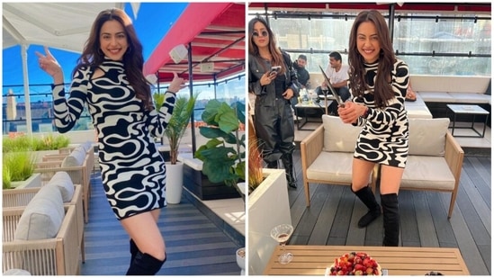 Rakul Preet recently celebrated her birthday with a set of close-knit friends. For the occasion, the Runway actor wore a monochrome printed short bodycon dress.(Instagram/@rakulpreet)