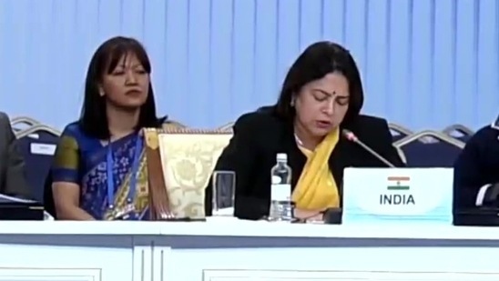 Minister of state for External Affairs Meenakshi Lekhi at CICA summit in Kazakhstan on Thursday.(ANI)