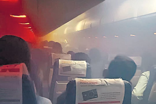Smoke emanates from SpiceJet Q400 aircraft VT-SQB operating from Goa to Hyderabad. (ANI) Smoke emanates from SpiceJet Q400 aircraft VT-SQB operating from Goa to Hyderabad. (ANI)