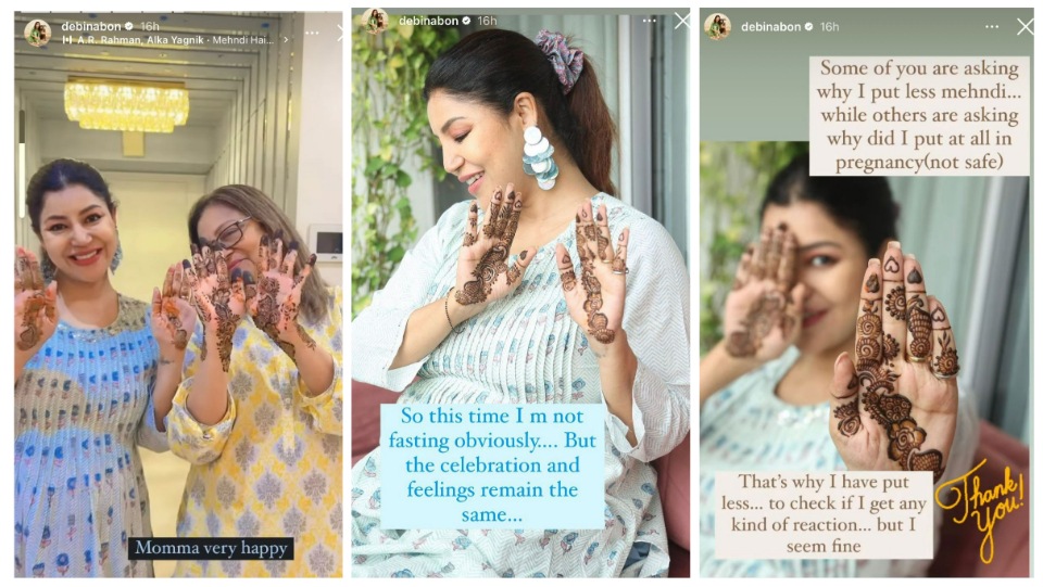 Debina Bonnerjee with Sobree Bonnerjee as she flaunts her mehendi, and shared the reason of applying less mehendi this Karwa Chauth via Instagram Stories.&nbsp;