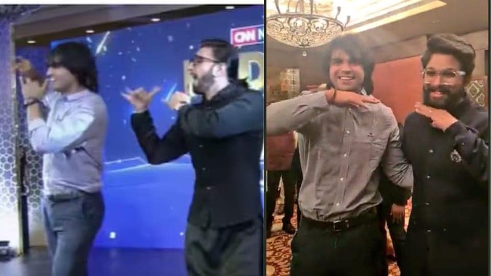 Neeraj Chopra with Ranveer Singh at an awards show; he also posed with Allu Arjun. Neeraj Chopra with Ranveer Singh at an awards show; he also posed with Allu Arjun.