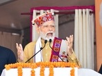 Prime Minister Narendra Modi addresses a public rally in Una on Thursday. (HT Photo)