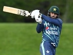 Pakistan's Mohammad Nawaz plays a shot during the Twenty20 tri-series cricket match between Pakistan and Bangladesh at Hagley Oval in Christchurch on October 13, 2022.