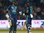Pakistan's Iftikhar Ahmed, left, celebrates with batting partner Babar Azam Pakistan's Iftikhar Ahmed, left, celebrates with batting partner Babar Azam 