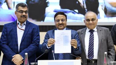 Chief Election Commissioner (CEC) Rajiv Kumar with Election Commissioner Anup Chandra Pandey and Deputy Election Commissioner Nitesh Kumar Vyas at a press conference announcing the schedule for the Himachal Pradesh Assembly elections, at Vigyan Bhawan, in New Delhi on Friday. (ANI)