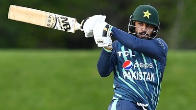 Pakistan's Mohammad Nawaz plays a shot during the Twenty20 tri-series cricket match between Pakistan and Bangladesh at Hagley Oval in Christchurch on October 13, 2022. (AFP) Pakistan's Mohammad Nawaz plays a shot during the Twenty20 tri-series cricket match between Pakistan and Bangladesh at Hagley Oval in Christchurch on October 13, 2022. (AFP)