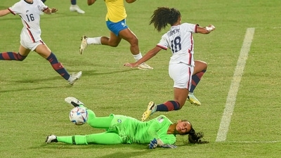 Brazilian goalkeeper Leilane saves a goal during their FIFA U-17 Women's World Cup 2022&nbsp; (PTI)