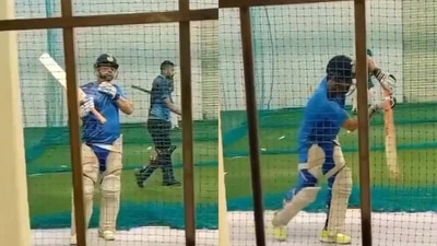 Dhoni can be seen in Jharkhand's training kit in the nets (Twitter) Dhoni can be seen in Jharkhand's training kit in the nets (Twitter)