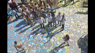 Brochures and party stickers littered on Panjab University (PU)’s UIET campus after the conclusion of an NSUI rally. (Ravi Kumar/HT) Brochures and party stickers littered on Panjab University (PU)’s UIET campus after the conclusion of an NSUI rally. (Ravi Kumar/HT)