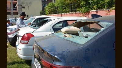 The vandals damaged the windshields and windows of around 30 cars in Manimajra in the wee hours of Manimajra. (Sant Arora/HT)