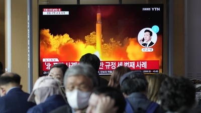 A TV screen shows a file image of North Korea's missile launch during a news program at the Seoul Railway Station in Seoul, South Korea, Friday. (AP) A TV screen shows a file image of North Korea's missile launch during a news program at the Seoul Railway Station in Seoul, South Korea, Friday. (AP)