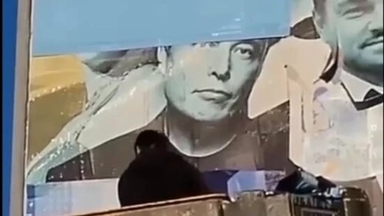 Elon Musk: Posters showing Elon Musk being covered in Ukraine. (Twitter) Elon Musk: Posters showing Elon Musk being covered in Ukraine. (Twitter)