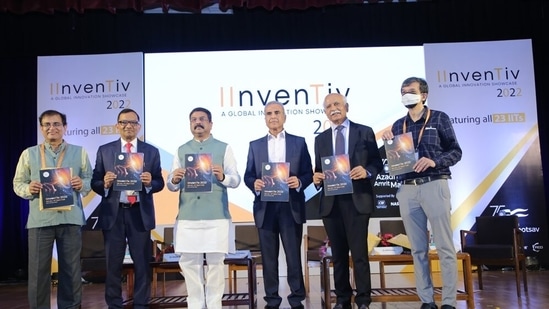 (From left) Dr. Subhasis Chaudhuri, Dr. Pawan Goenka, Hon. MoE &amp; MSDE Shri Dharmendra Pradhan, Mr Sunil Bharti Mittal, Dr. BVR Mohan Reddy, and Dr. Rangan Banerjee during the launch of the IInvenTiv brochure.(Handout image)