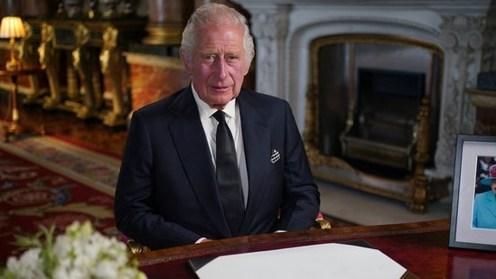 Britain's King Charles III delivers his first address as a monarch to the nation and the Commonwealth from Buckingham Palace, London, following the death of his mother, Queen Elizabeth II, on Thursday. Picture date: Friday September 9, 2022. (Yui Mok/Pool via REUTERS)