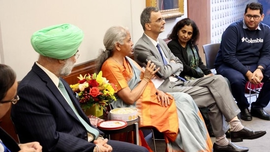 Scholars and students of Johns Hopkins School of Advanced International Studies informally interact with finance minister Nirmala Sitharaman.