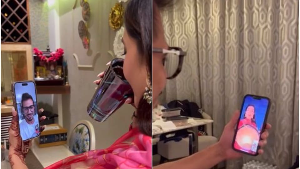 Dhanashree Verma with Yuzvendra Chahal during their virtual Karwa Chauth. Dhanashree Verma with Yuzvendra Chahal during their virtual Karwa Chauth.