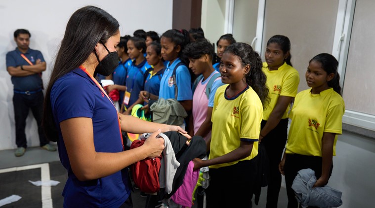 Mia Bhuta donates football equipment to female footballers in Bhubaneshwar.(Special arrangement )