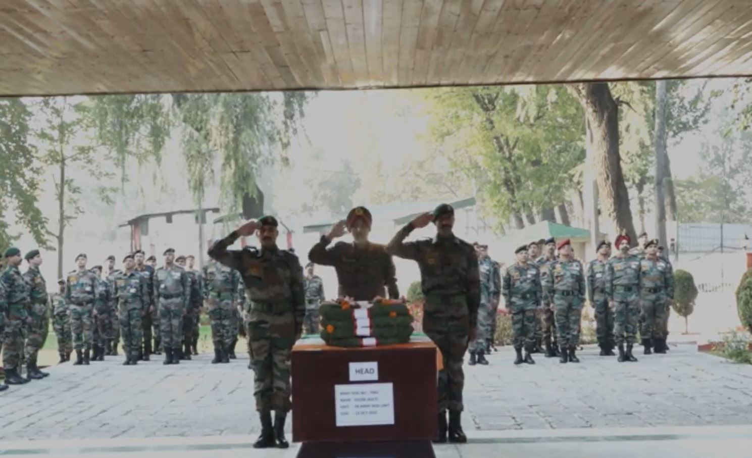 Indian Army officer lay wreath on the mortal remains of assault dog ‘Zoom’, who was injured during an October 9 encounter in J&amp;K's Anantnag, and succumbed to gunshot injuries on October 13. (Screengrab of video/Chinar Corps - Indian Army Twitter)