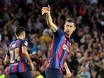 FC Barcelona's Robert Lewandowski celebrates scoring their second goal&nbsp;