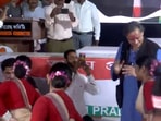 Congress MP Shashi Tharoor dancing with folk dancers performing Bihu dance in Guwahati, Assam.&nbsp;