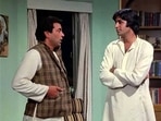 Dharmendra, Amitabh Bachchan and Sharmila Tagore in a still from Chupke Chupke. Dharmendra, Amitabh Bachchan and Sharmila Tagore in a still from Chupke Chupke.