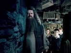 Robbie Coltrane, Daniel Radcliffe, Emma Watson and Rupert Grint in a still from a Harry Potter movie.