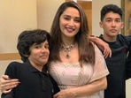 Madhuri Dixit with her sons Arin and Ryan. Madhuri Dixit with her sons Arin and Ryan.