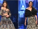 Tara Sutaria and Genelia D'Souza walked the ramp at the FDCI (Fashion Design Council of India) Lakme Fashion Week for designers Aisha Rao and Varun & Nidhika today, October 15. The two stars turned showstoppers at the occasion dressed in beauteous ensembles that screamed elegance and breathtaking beauty. While Tara owned the ramp in an embroidered floral lehenga, Genelia grabbed eyeballs in a gorgeous statement blouse and lehenga skirt set.(HT Photo/Varinder Chawla)