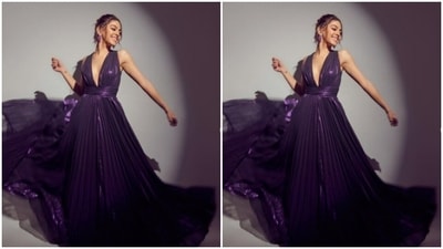 Alaya played muse to fashion designer duo Gauri and Nainika and picked a satin purple gown from the shelves of the designer house. (Instagram/@alayaf) Alaya played muse to fashion designer duo Gauri and Nainika and picked a satin purple gown from the shelves of the designer house. (Instagram/@alayaf)