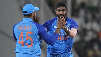 India's Jasprit Bumrah, right, celebrates with captain Rohit Sharma after the dismissal of Australia's captain Aaron Finch (AP) India's Jasprit Bumrah, right, celebrates with captain Rohit Sharma after the dismissal of Australia's captain Aaron Finch (AP)