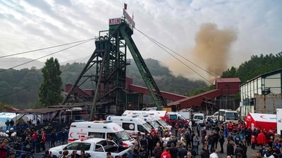 Turkey Mine Blast: People gather outside a coal mine after an explosion in Amasra, in Bartin Province, Turkey. (AFP)