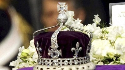 The Kohinoor, or "mountain of light," diamond, set in the Maltese Cross at the front of the crown made for Britain's late Queen Elizabeth, is seen on her coffin. (AP File Photo) The Kohinoor, or "mountain of light," diamond, set in the Maltese Cross at the front of the crown made for Britain's late Queen Elizabeth, is seen on her coffin. (AP File Photo)