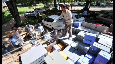 Ballot boxes arriving at Panjab University on Saturday, two days ahead of the student council elections. (Ravi Kumar/HT)