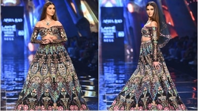 While Tara's blouse features a sweetheart neckline, full-length sleeves and an infinity-styled midriff-baring hemline, the lehenga comes in an A-line flowy silhouette and a high-rise waist. The intricate floral-themed work makes the ensemble a great pick for the spring and winter wedding season. If you are a bride who isn't afraid to experiment, this is your perfect inspiration. So, don't forget to steal some styling tips. (HT Photo/Varinder Chawla) While Tara's blouse features a sweetheart neckline, full-length sleeves and an infinity-styled midriff-baring hemline, the lehenga comes in an A-line flowy silhouette and a high-rise waist. The intricate floral-themed work makes the ensemble a great pick for the spring and winter wedding season. If you are a bride who isn't afraid to experiment, this is your perfect inspiration. So, don't forget to steal some styling tips. (HT Photo/Varinder Chawla)
