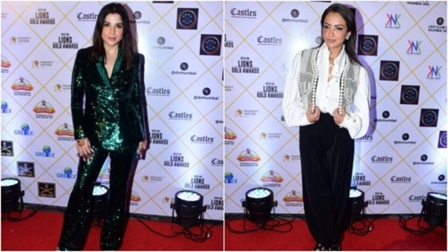 Maheep Kapoor and Seema Sajdeh pose for the paparazzi on the red carpet.&nbsp; (HT Photo/Varinder Chawla)