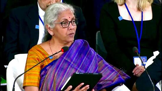 Washington DC, Oct 15 (ANI): Union Finance Minister Nirmala Sitharaman speaks during the Plenary Meeting of the International Monetary and Financial Committee, at the IMF Headquarters, in Washington DC on Friday. (ANI Photo) (ANI)