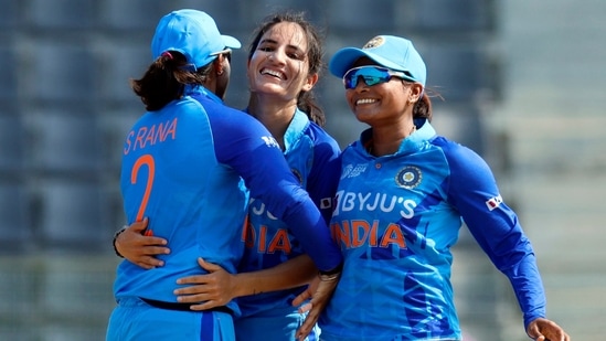 India's Renuka Singh and Sneh Rana celebrate the dismissal of Sri Lanka's Anushka Sanjeewani during the final match(ANI/BCCI Women Twitter)