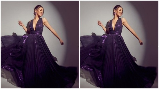 Alaya played muse to fashion designer duo Gauri and Nainika and picked a satin purple gown from the shelves of the designer house.(Instagram/@alayaf)