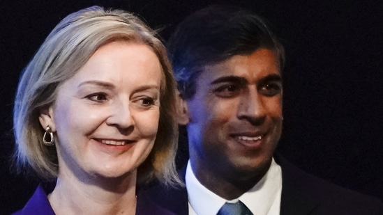 Liz Truss-Rishi Sunak: Liz Truss, left, and Rishi Sunak arrive for the announcement of the result of the Conservative Party leadership contest.(AP)