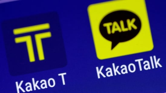 The Kakao messaging application and the Kakao T taxi booking application are seen on a mobile phone in this illustration photo.(REUTERS)