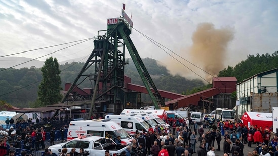 Turkey Mine Blast: People gather outside a coal mine after an explosion in Amasra, in Bartin Province, Turkey.(AFP)