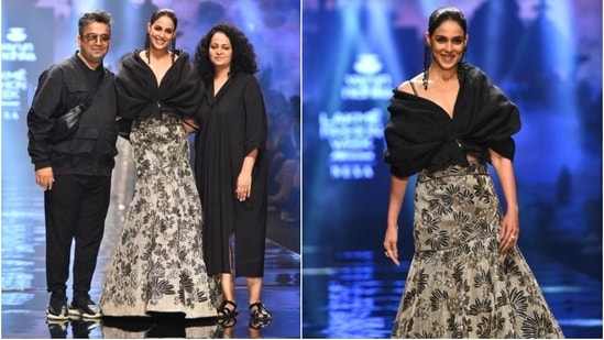 Genelia turned showstopper as she walked the ramp in a creation from the clothing label Varun Nidhika's latest collection. The designers dressed her in a statement blouse piece and a skirt that can easily become a favourite pick for attending cocktail parties during the upcoming wedding season.(HT Photo/Varinder Chawla)