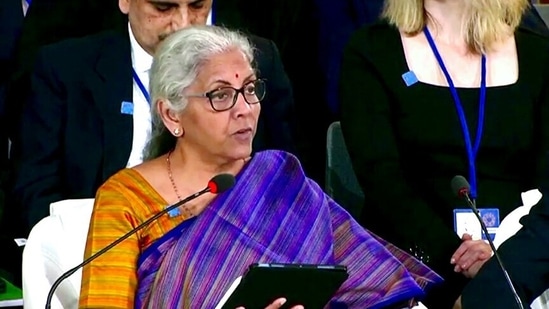 Union Finance Minister Nirmala Sitharaman speaks during the Plenary Meeting of the International Monetary and Financial Committee, at the IMF Headquarters, in Washington DC on Friday.&nbsp;(ANI)