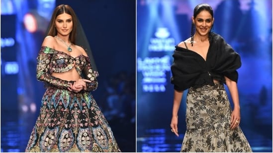 Tara Sutaria and Genelia D'Souza walked the ramp at the FDCI (Fashion Design Council of India) Lakme Fashion Week for designers Aisha Rao and Varun & Nidhika today, October 15. The two stars turned showstoppers at the occasion dressed in beauteous ensembles that screamed elegance and breathtaking beauty. While Tara owned the ramp in an embroidered floral lehenga, Genelia grabbed eyeballs in a gorgeous statement blouse and lehenga skirt set.(HT Photo/Varinder Chawla)